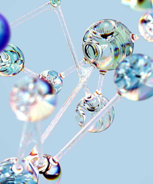 Abstrakte Darstellung eines Molekülnetzwerks mit gläsernen, schimmernden Verbindungen auf blauem Hintergrund.